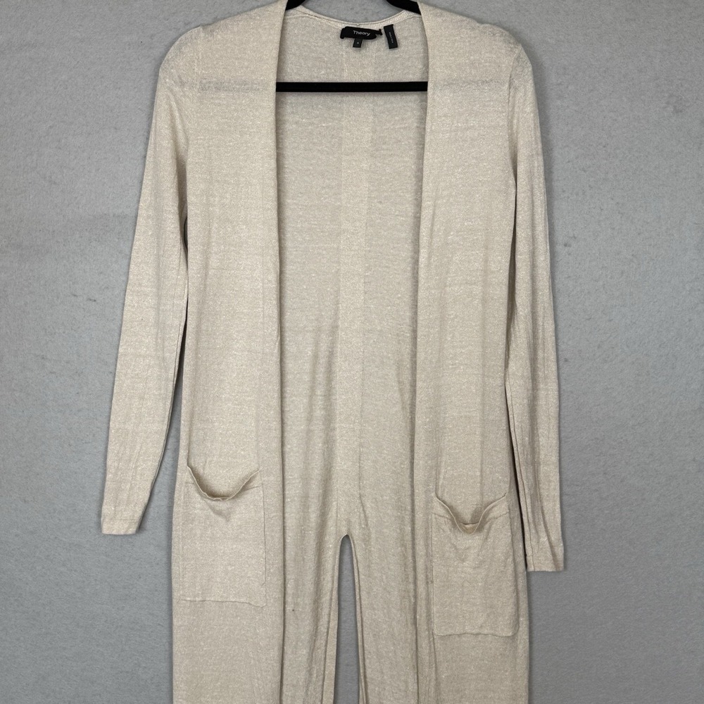 Theory Torina Slit Merino‎ Wool Linen Duster Cardigan Oatmeal Beige Sz S